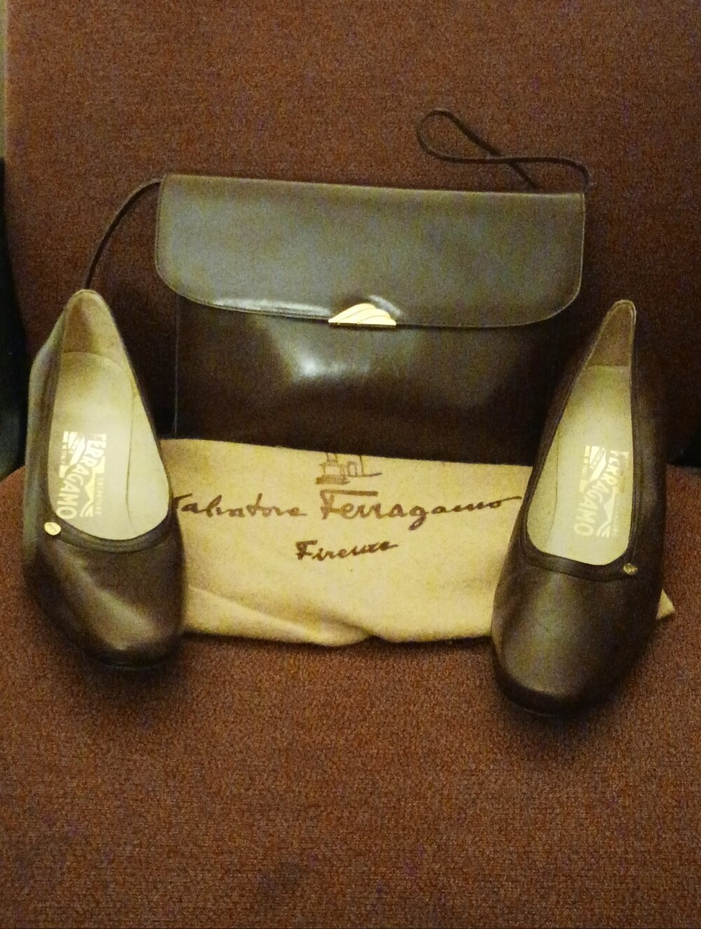 Salvatore Ferragamo Dark Brown Leather Purse and Shoes I
